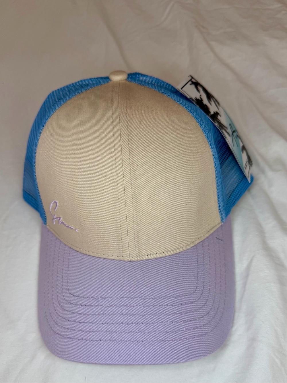 Women’s Beige and Lavender Trucker Hat with Blue Mesh